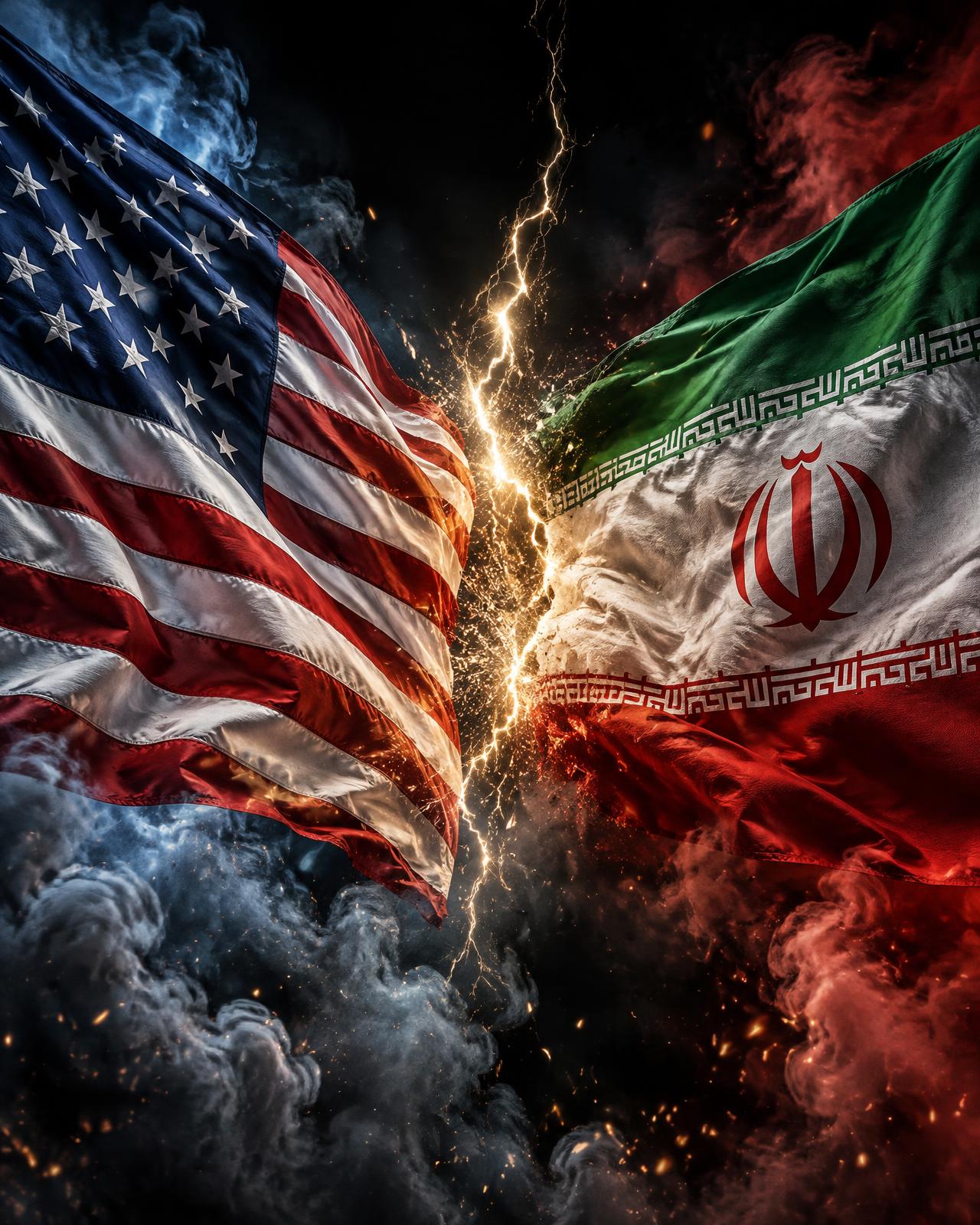American and Iranian flags clashing in smoke and lightning