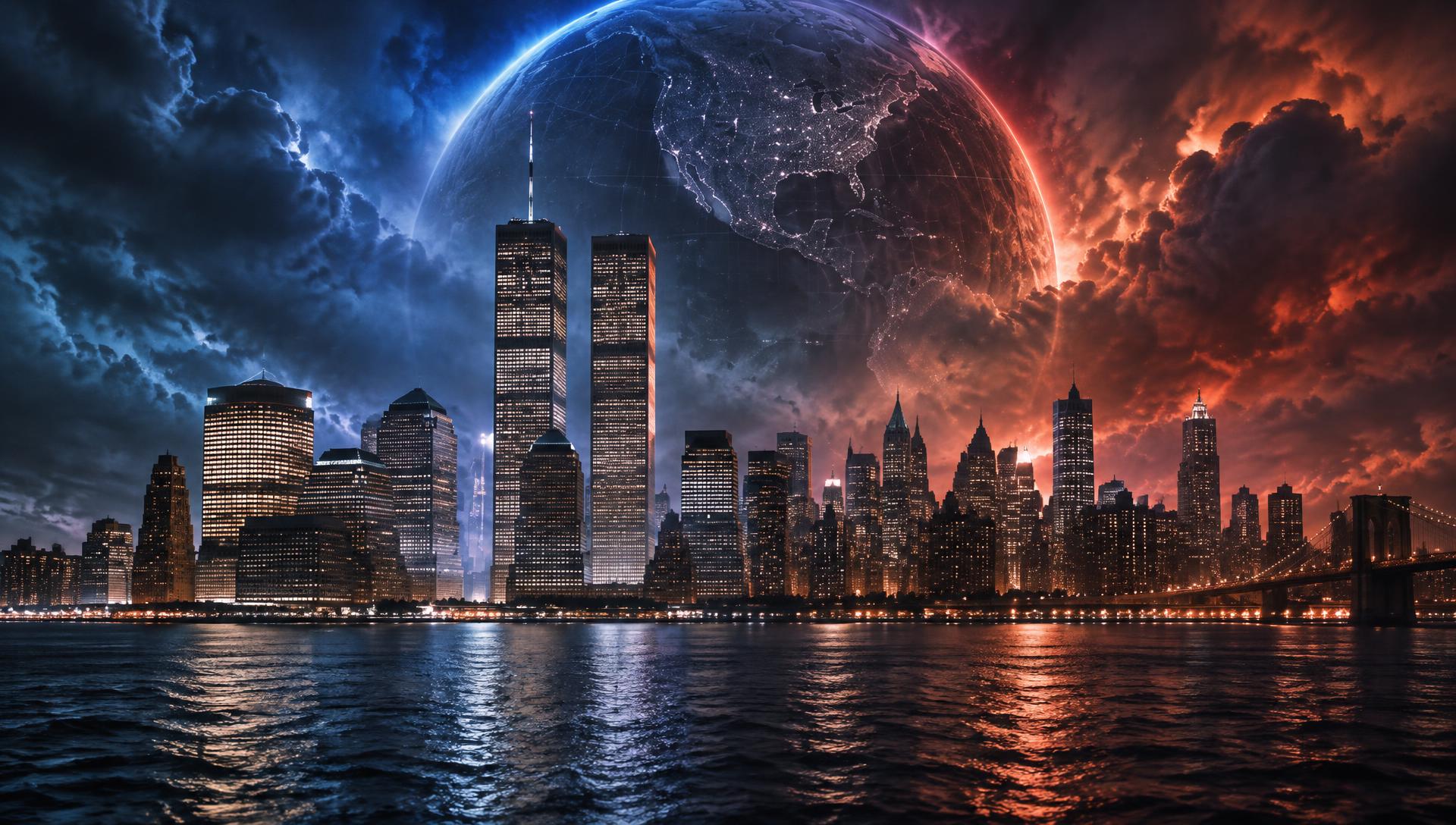 Cinematic night skyline with the historic Twin Towers under a glowing globe