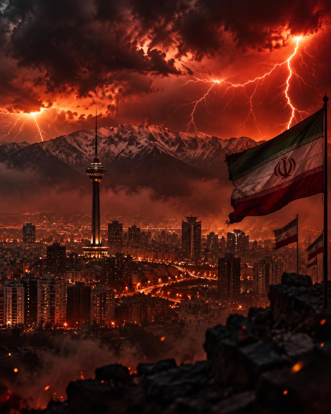 Stormy Tehran skyline with red lightning